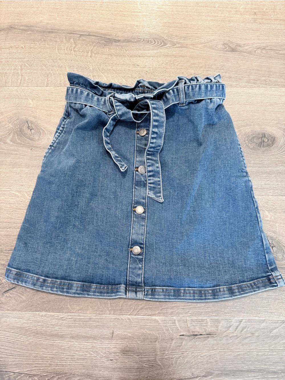 Lands' End Blue Button-Front Paperbag Waist Denim Skirt